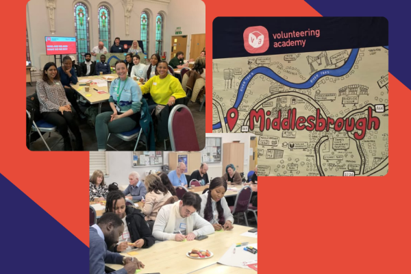 Three photos from the Volunteering Academy celebration event including an image of particpants facing camera, one image of paticpants engaging in activities and a photo of a hand drawn map of Middlesbrough. All images are slightly overlaid and sit on a background of red with blue corners.